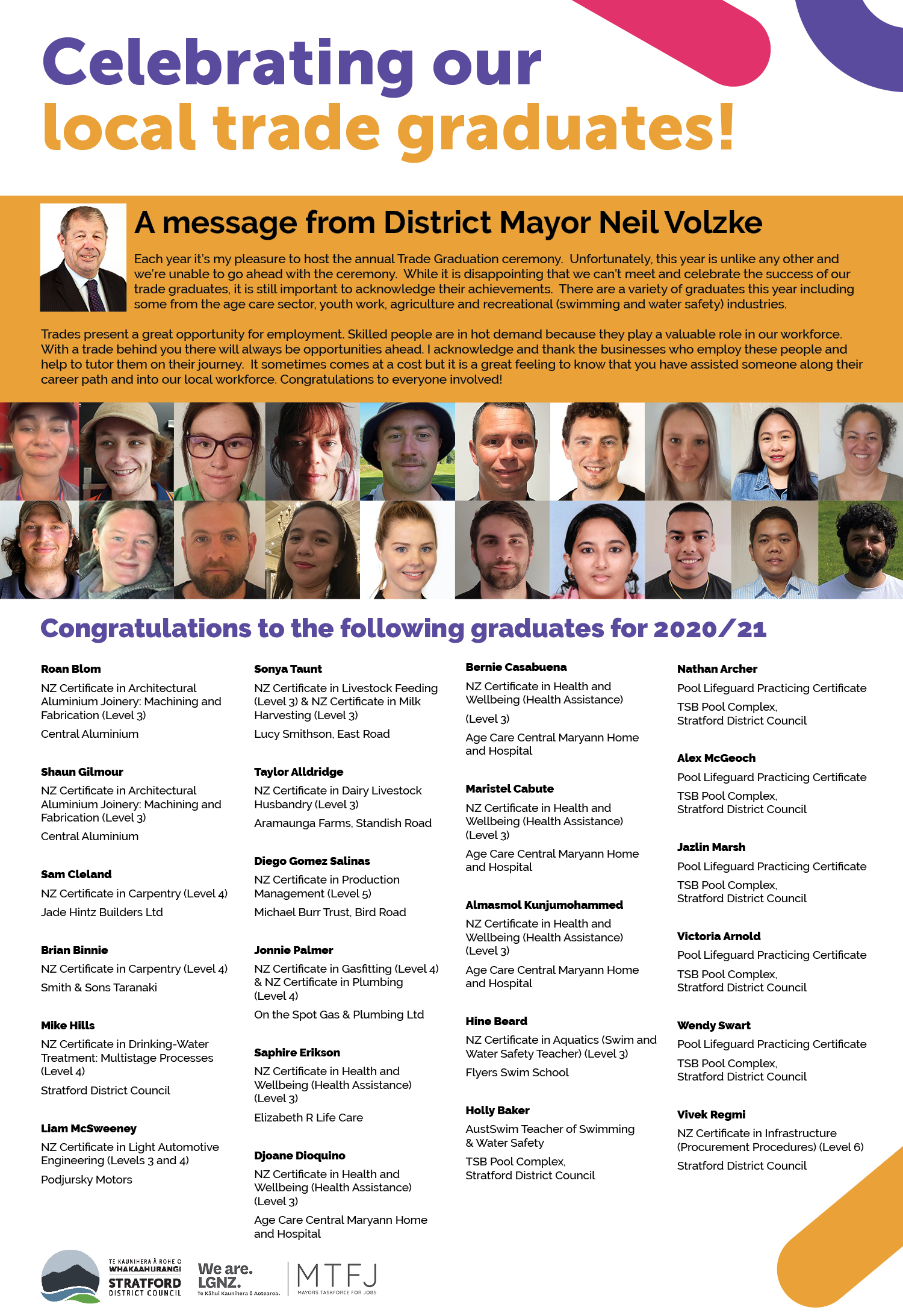 Celebrating our trade graduates - an image of graduate names and a message from the Mayor