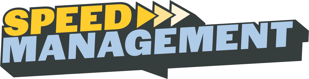 yellow and blue graphic logo that says speed management