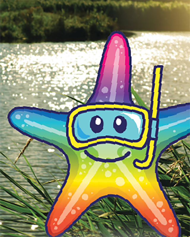 A cartoon starfish wearing a snorkel mask in front of a river