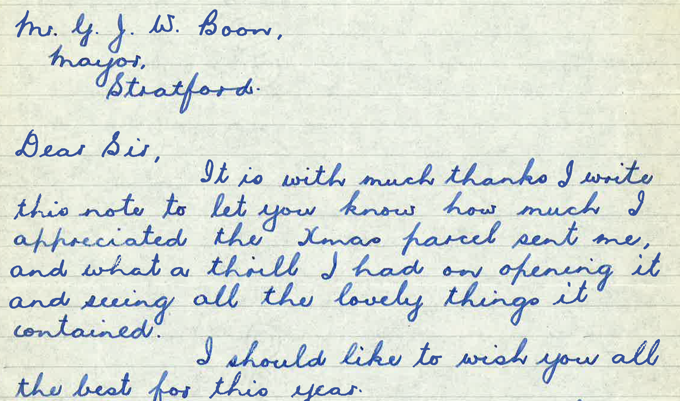 A scan of a letter written to Mayor Boon in the late 1950's thanking him for the Christmas parcel