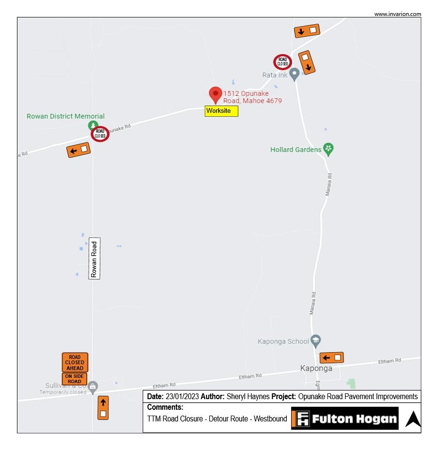Map of road detour westbound on Opunake Road