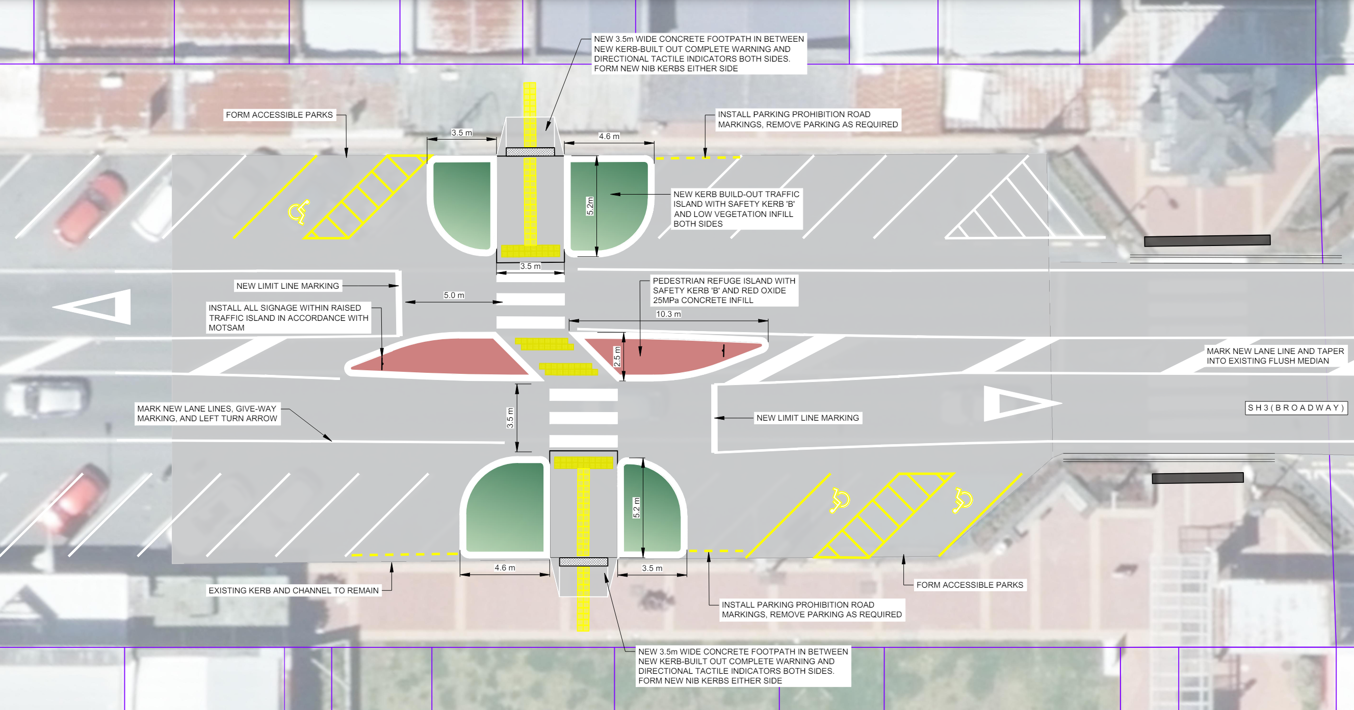 Aerial view of a street showing the design of a new pedestrian crossing