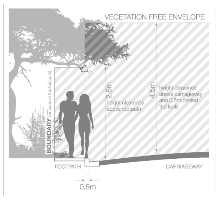 Image showing the guidelines around overhanging vegetation on footpaths and roads.