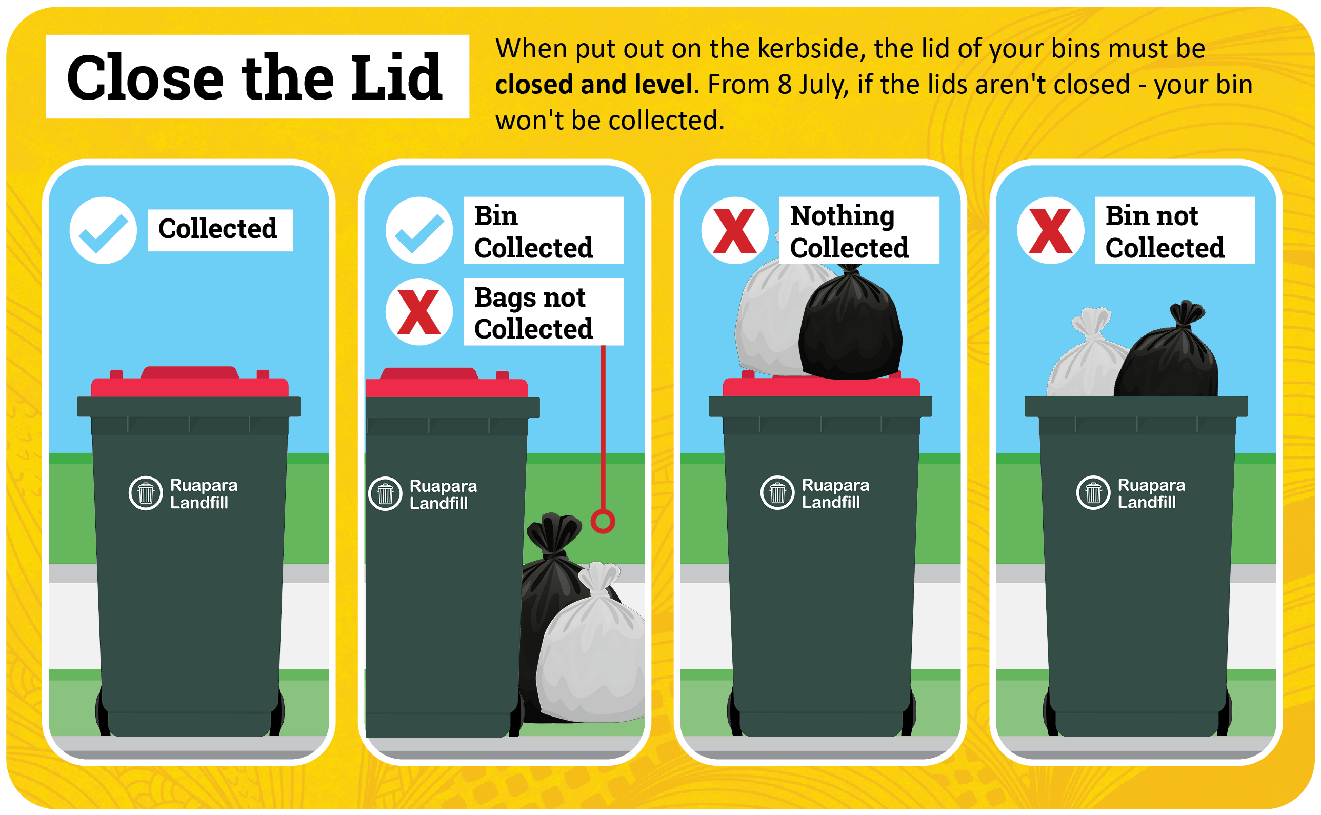 Close the Lid. When put out on the kerbside, the lid of your bins must be closed and level. From 8 July, if the lids aren't closed - your bin won't be collected.