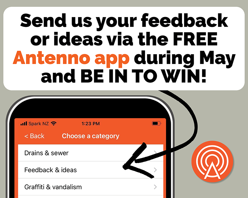 Antenno app on a smart phone. Text reads, "Send us your feedback or ideas via the FREE Antenno app during May and be in to win!"