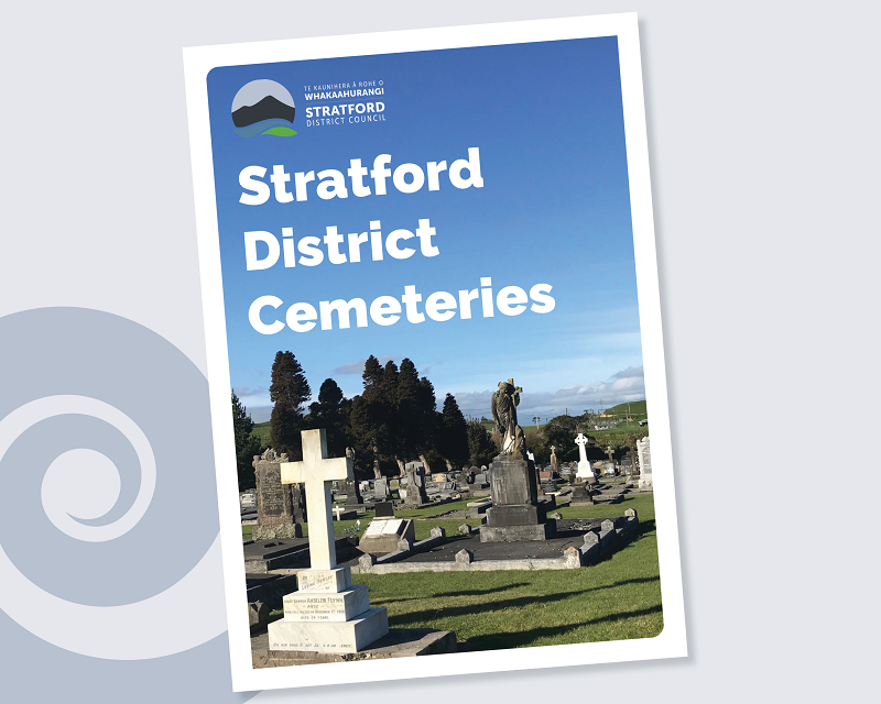 Stratford District Cemeteries booklet against a grey background with a koru design