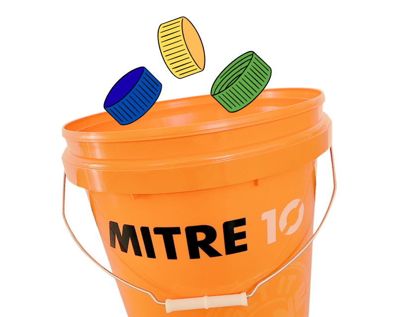 Mitre 10 branded bright orange lid with little cartoon milk top lids falling into it