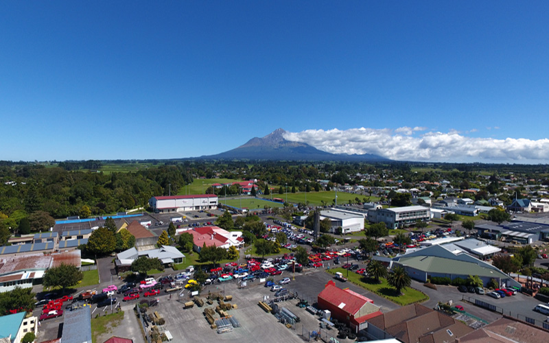 Aerial photo of Miranda Street, Stratford, with the maunga in the background